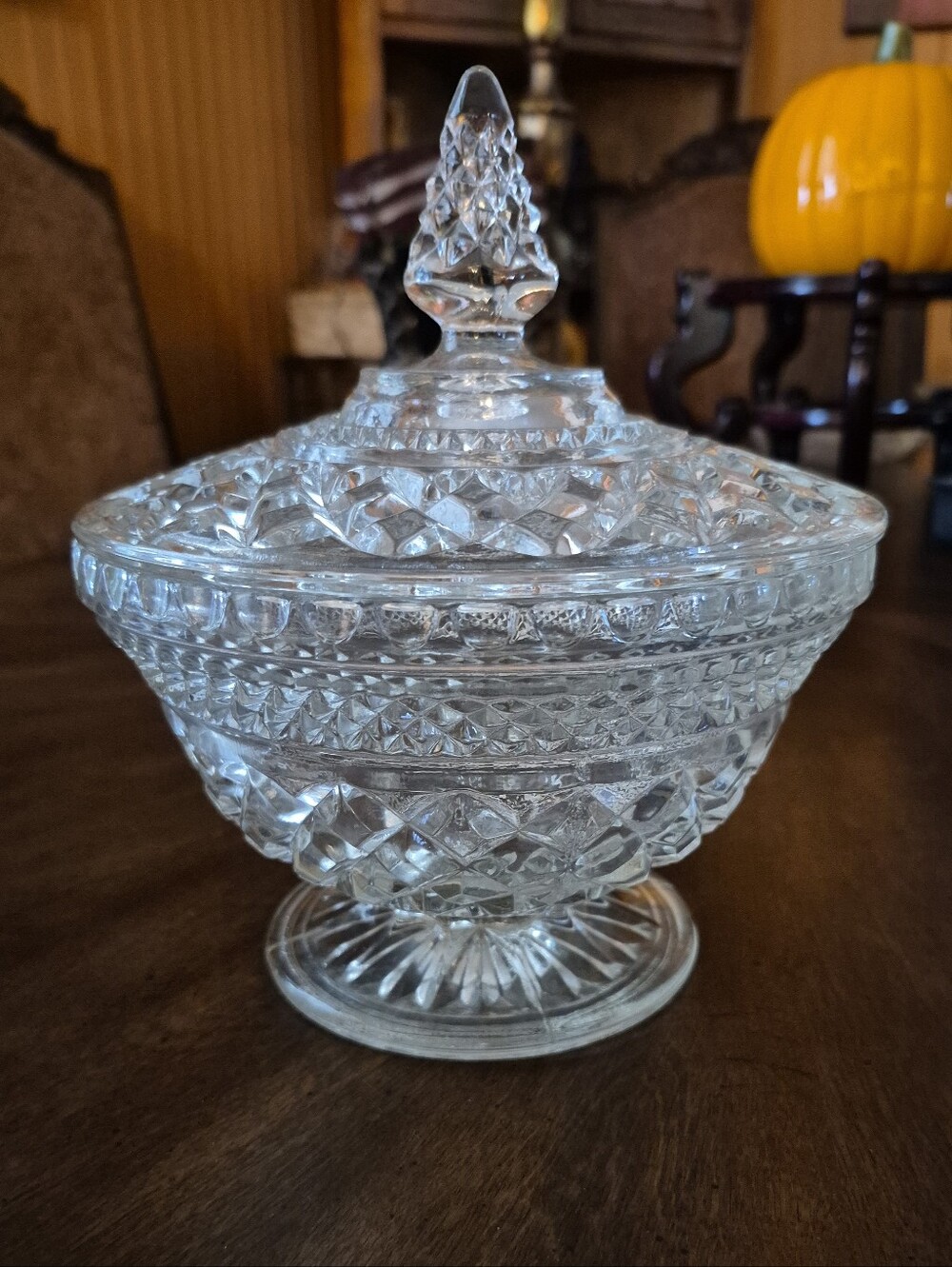 Vintage Anchor Hocking Wexford Clear Cut Glass Covered Candy Dish